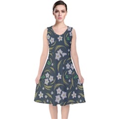 Folk Flowers Pattern Floral Surface Design V-neck Midi Sleeveless Dress  by Eskimos