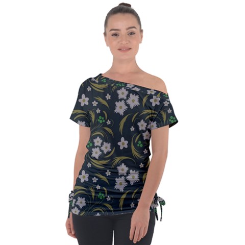 Folk Flowers Pattern Floral Surface Design Off Shoulder Tie-up Tee by Eskimos