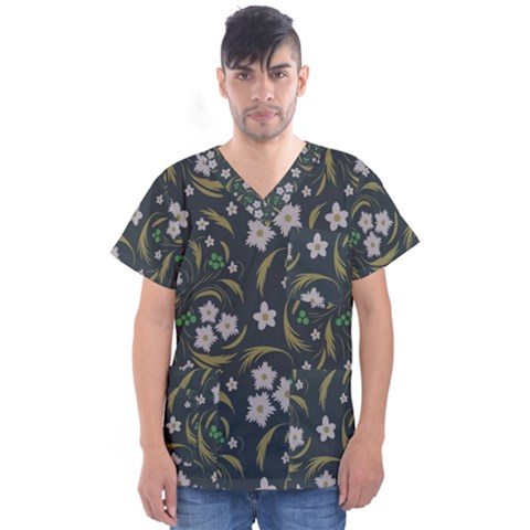 Folk Flowers Pattern Floral Surface Design Men s V-neck Scrub Top by Eskimos