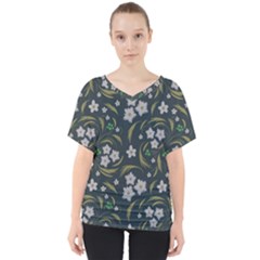 Folk Flowers Pattern Floral Surface Design V-neck Dolman Drape Top by Eskimos