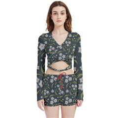 Folk Flowers Pattern Floral Surface Design Velvet Wrap Crop Top And Shorts Set by Eskimos