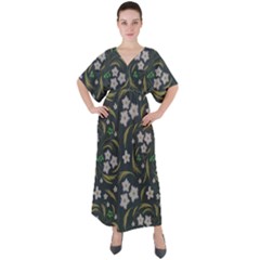 Folk Flowers Pattern Floral Surface Design V-neck Boho Style Maxi Dress by Eskimos