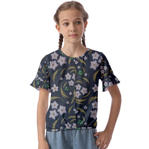 Folk Flowers Pattern Floral Surface Design Kids  Cuff Sleeve Scrunch Bottom Tee by Eskimos