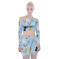 Unusual And Funny Tetris Cats Off Shoulder Top With Mini Skirt Set by SychEva