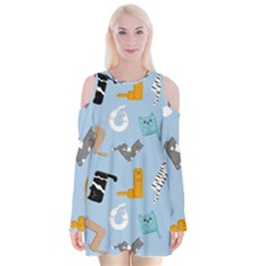 Unusual And Funny Tetris Cats Velvet Long Sleeve Shoulder Cutout Dress by SychEva