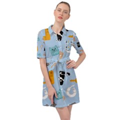 Unusual And Funny Tetris Cats Belted Shirt Dress by SychEva