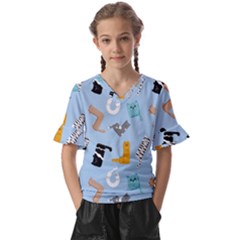 Unusual And Funny Tetris Cats Kids  V-neck Horn Sleeve Blouse