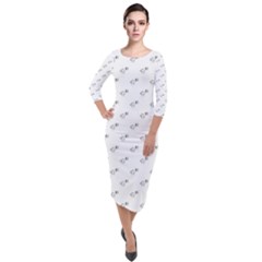 Stylized Bird Cartoon Drawing Pattern Quarter Sleeve Midi Velour Bodycon Dress