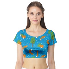 Red Fox In The Forest Short Sleeve Crop Top by SychEva