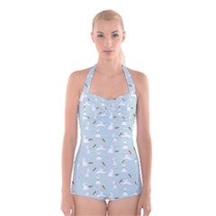 Funny And Funny Hares  And Rabbits In The Meadow Boyleg Halter Swimsuit  by SychEva