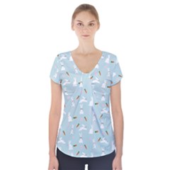 Funny And Funny Hares  And Rabbits In The Meadow Short Sleeve Front Detail Top by SychEva