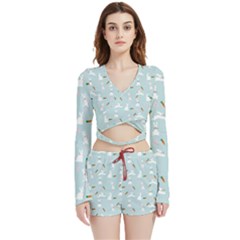 Funny And Funny Hares  And Rabbits In The Meadow Velvet Wrap Crop Top And Shorts Set by SychEva