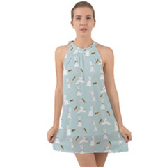 Funny And Funny Hares  And Rabbits In The Meadow Halter Tie Back Chiffon Dress by SychEva