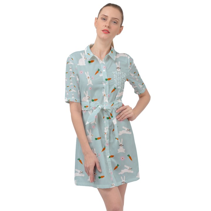 Funny And Funny Hares  And Rabbits In The Meadow Belted Shirt Dress