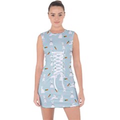 Funny And Funny Hares  And Rabbits In The Meadow Lace Up Front Bodycon Dress by SychEva