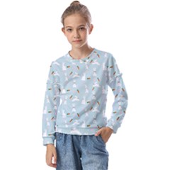 Funny And Funny Hares  And Rabbits In The Meadow Kids  Long Sleeve Tee With Frill 