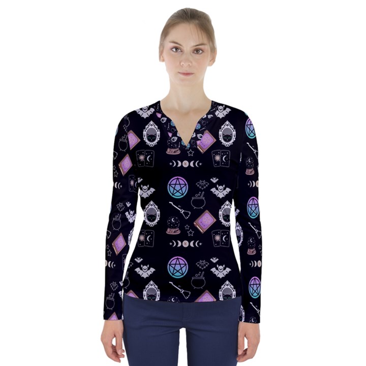 Witch Goth Pastel Pattern V-Neck Long Sleeve Top