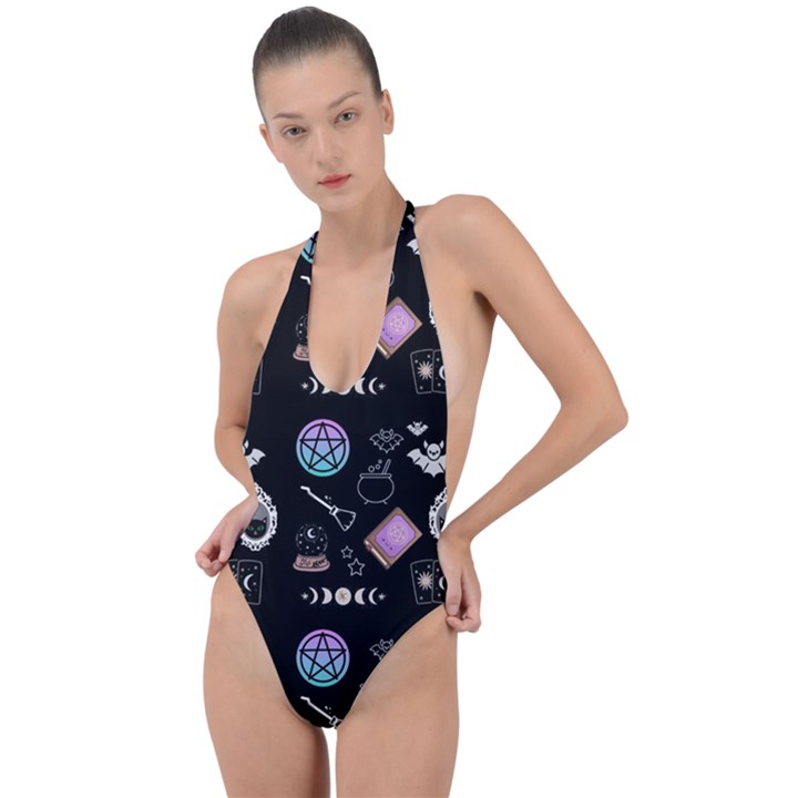 Witch Goth Pastel Pattern Backless Halter One Piece Swimsuit