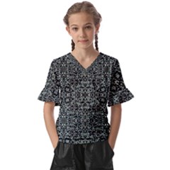 Initricate Ornate Abstract Print Kids  V-neck Horn Sleeve Blouse