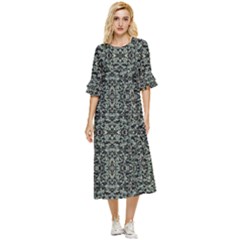 Initricate Ornate Abstract Print Double Cuff Midi Dress