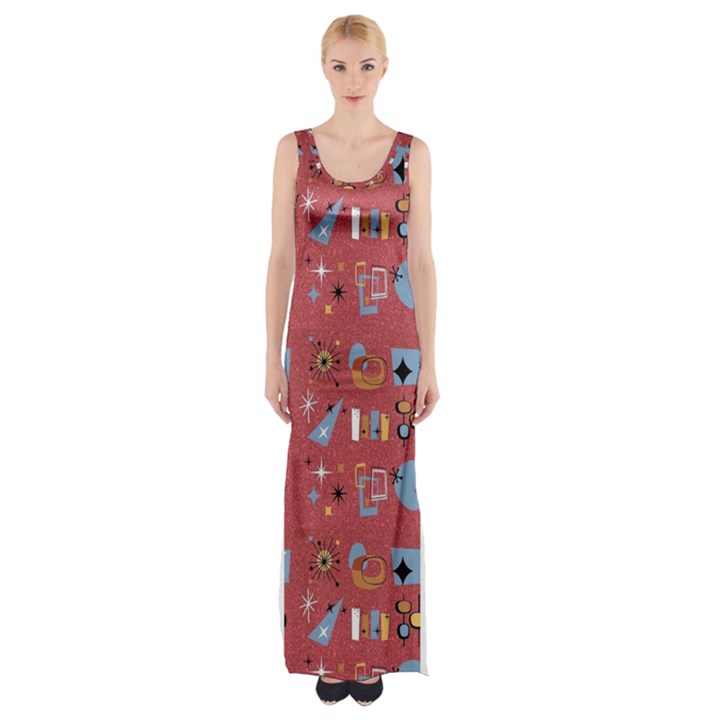 50s Small Print Thigh Split Maxi Dress