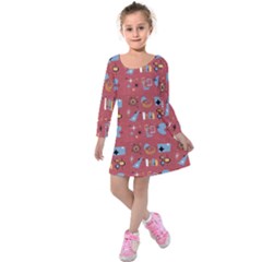 50s Small Print Kids  Long Sleeve Velvet Dress