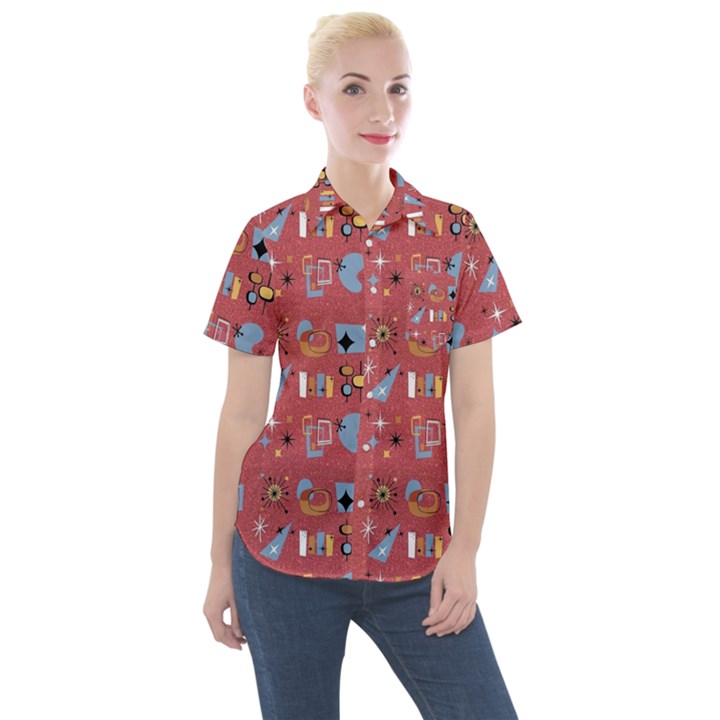 50s Small Print Women s Short Sleeve Pocket Shirt