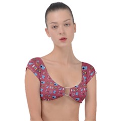 50s Small Print Cap Sleeve Ring Bikini Top