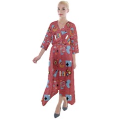 50s Small Print Quarter Sleeve Wrap Front Maxi Dress