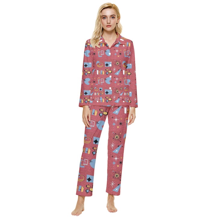 50s Small Print Womens  Long Sleeve Pocket Pajamas Set