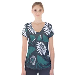 Folk Flowers Pattern Short Sleeve Front Detail Top by Eskimos