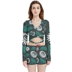 Folk Flowers Pattern Velvet Wrap Crop Top And Shorts Set by Eskimos