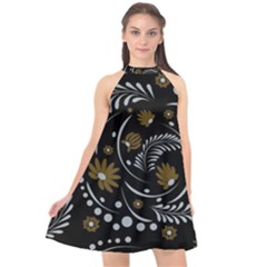 Folk Flowers Pattern Halter Neckline Chiffon Dress  by Eskimos