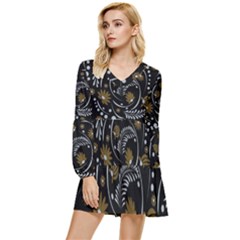 Folk Flowers Pattern Tiered Long Sleeve Mini Dress by Eskimos