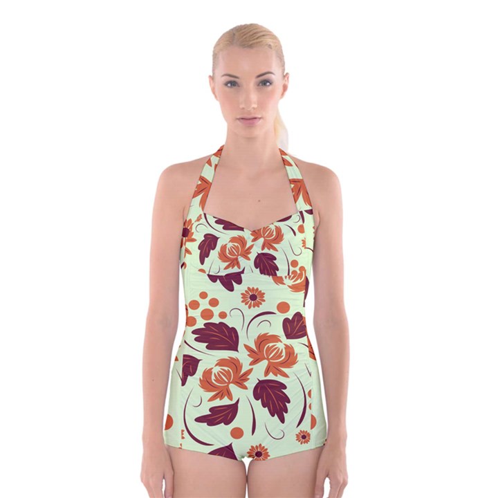 Folk flowers pattern Boyleg Halter Swimsuit 