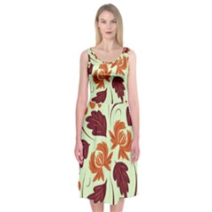 Folk Flowers Pattern Midi Sleeveless Dress