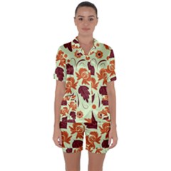 Folk Flowers Pattern Satin Short Sleeve Pajamas Set by Eskimos