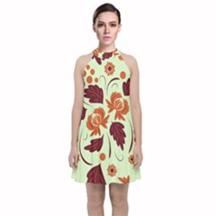 Folk Flowers Pattern Velvet Halter Neckline Dress  by Eskimos