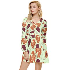 Folk Flowers Pattern Tiered Long Sleeve Mini Dress