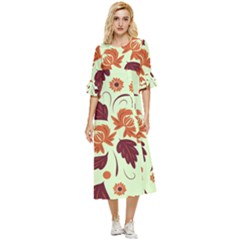 Folk Flowers Pattern Double Cuff Midi Dress