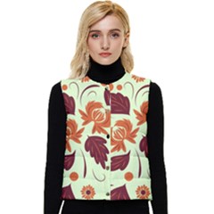 Folk Flowers Pattern Women s Short Button Up Puffer Vest