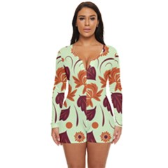 Folk Flowers Pattern Long Sleeve Boyleg Swimsuit