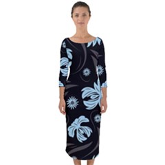 Folk Flowers Pattern Quarter Sleeve Midi Bodycon Dress by Eskimos