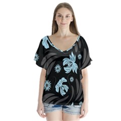 Folk Flowers Pattern V-neck Flutter Sleeve Top by Eskimos