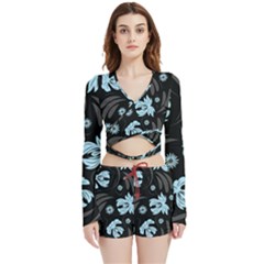 Folk Flowers Pattern Velvet Wrap Crop Top And Shorts Set by Eskimos