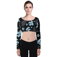 Folk Flowers Pattern Velvet Long Sleeve Crop Top by Eskimos