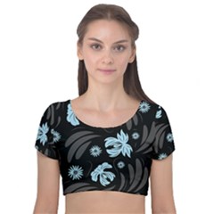 Folk Flowers Pattern Velvet Short Sleeve Crop Top  by Eskimos