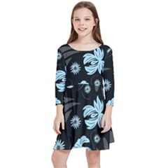 Folk Flowers Pattern Kids  Quarter Sleeve Skater Dress