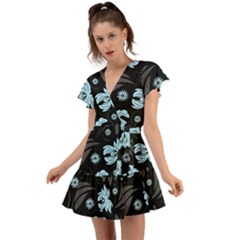 Folk Flowers Pattern Flutter Sleeve Wrap Dress by Eskimos