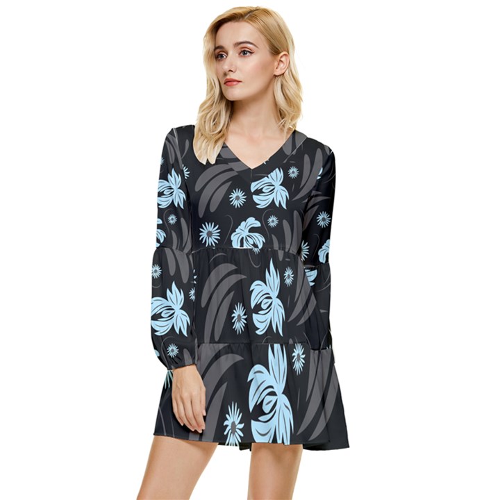 Folk flowers pattern Tiered Long Sleeve Mini Dress